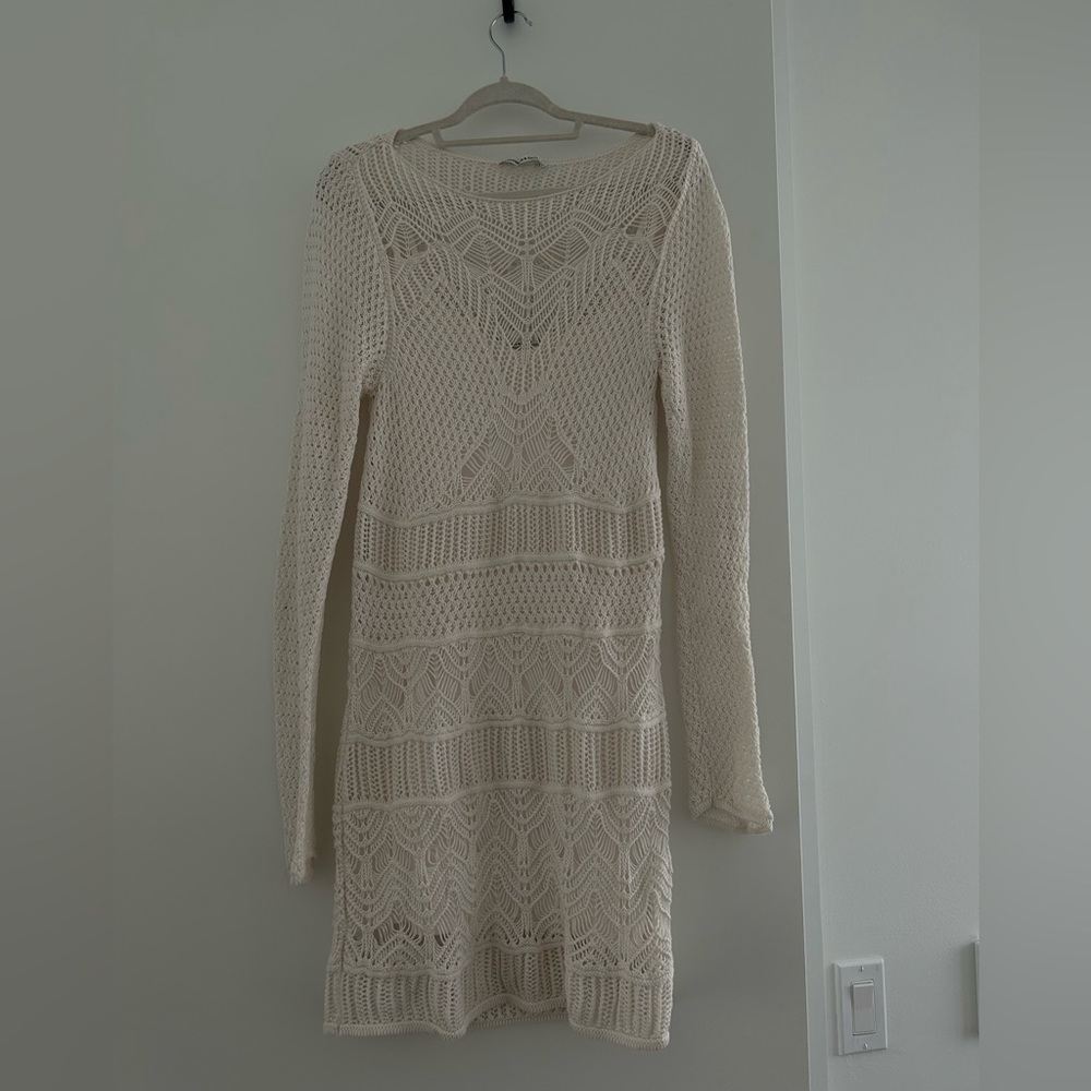 Abercrombie Long Sleeve Crochet Style Mini Dress Size L in White